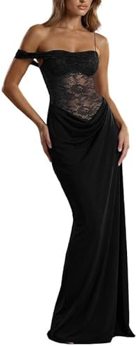 Sukiglam Robe Longue Femme Chic et Elegant Moulante Robes à Une Épaule en Dentelle Florale Transparente Maxi Robe sans Manches Sexy Bretelles Spaghetti et Fente Haute Robes de Soirée Cocktail Mariage