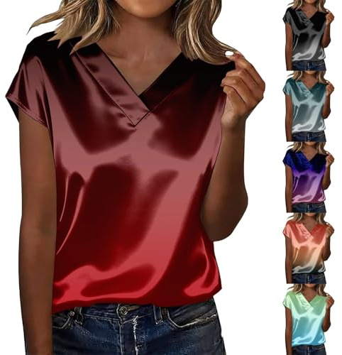 Blusas de seda para mujer, blusa de satén, manga corta, elegante, cuello en V, camisetas degradadas, tallas grandes, camiseta de seda cómoda, camiseta brillante, morado, XXL