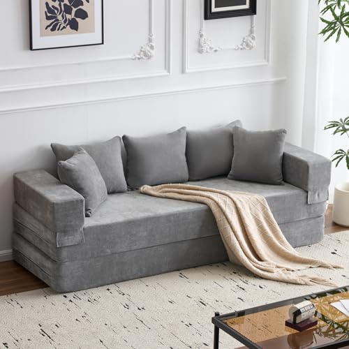 AVAWING Convertible Folding Sofa Bed Queen,Sleeper Sofa Couch with Armrest and Pillows,Chenille Fold Out Floor Chaise Lounge,Comfy Foldable Futon Mattress For Living Room,Bedroom(Grey,200cm)