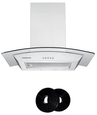 Cookology CGL600SS/A Chimney Cooker Hood 60cm Kitchen Extractor Fan with Curved Glass, LED Light, 3 Speed 450m3 per hour and CF150 Recirculating Filters - Stainless Steel