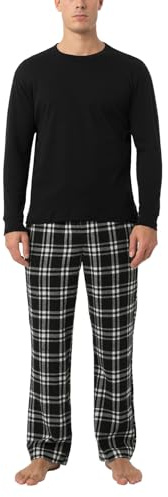 LAPASA Varm och bekväm pyjamas för män bomullstopp och flanell- eller fleecebyxor höst/vinter M79/M129, Svart topp + svarta och vita byxor, S