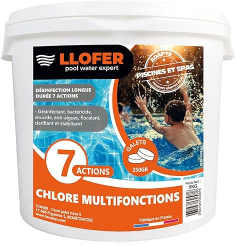 LLOFER - Chlore Multifonction en Galet de 250g - 5kg - Désinfection Longue Durée 7 en 1, Haute Teneur en Chlore (92%), Fabriqué en France