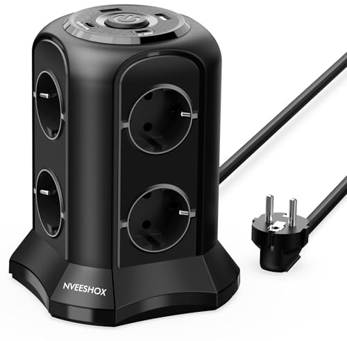 NVEESHOX Steckdosenleiste mit USB C 8 Fach Steckdosenturm Steckerleiste mit 2 USB-A & 2 USB-C,Mehrfachsteckdose Überspannungsschutz 4000W 16A mit 2M Extension Cord für Zuhause, Büro (Schwarz)