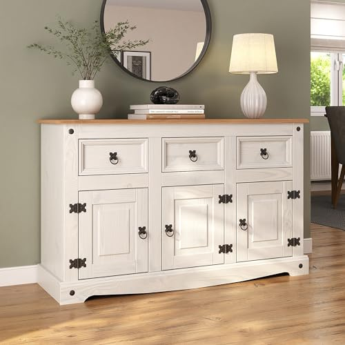 Corona White Sideboard 3 Door 3 Drawer Mexican Solid Pine Wood with Black Metal Hardware W 125 cm x D 40 cm x H 76 cm
