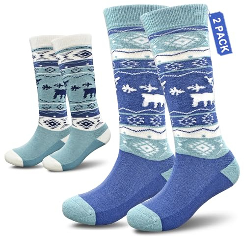 Socks Daze 2 Pack Big Boys Girls Wool Blend Ski Socks 10-12 Years Old Kids Over the Calf Hiking Boot Socks for Skiing Gifts, Light Blue + Dark Blue, Medium