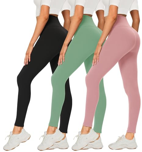DDOBB 3 Pack Leggings for Women High Waisted Black Leggings Tummy Control Stretchy Pants Trousers for Gym Fitness Yoga Running Regular&Plus Size(Black + Green + Morandi Pink)