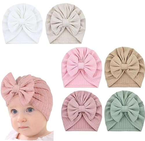 6 Pcs Newborn Baby Turban Hat Cute Stretchy Soft, Big Bow Soft Cute Knot Nursery Hospital Caps Beanies Bonnets for Baby Girls, Newborns Infants Toddlers