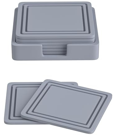 Lamondre Non Slip Silicone Pad Mat Set of 6 - Square Gray Drink Coasters for Coffee, Beer and Home Bar