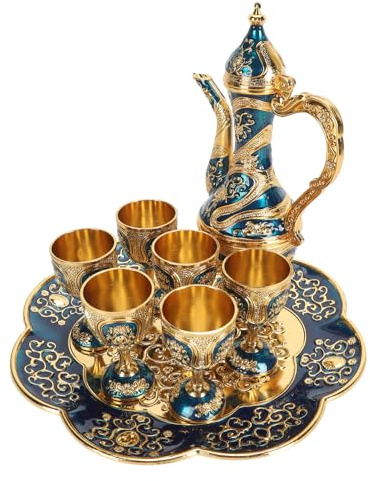 Huairdum Zinc Alloy Tea Cup Set Easy to Clean Elegant Durable Vintage Turkish Tea Set with Tea Tray for Coffee Shop (Gold Blue), Huairdum4c1ox5fwq7-12