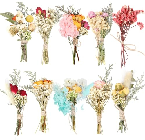 JULBEAR Trockenblumenstrauß Klein, 10 Bündel Mini Trockenblumen Mini Getrocknete Blumenstrauß DIY Trockenblumen für Tägliche Heimdekoration Kunst Handwerk Hochzeitsdekoration