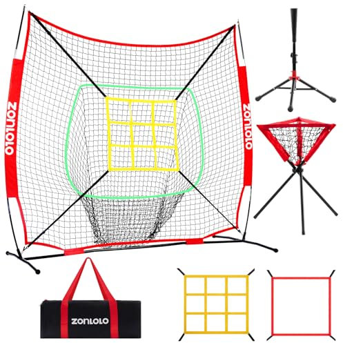 ZONLOLO 6x6ft Portable Baseball & Softball Net for Hitting，Pitching and Throwing, with Sturdy Bow Frame,Battting Tee,Ball Caddy and 2 Strike Zones, Perfect Pitching net for Kids!