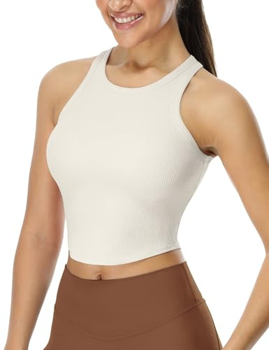 icyzone Top sportivo da donna con reggiseno integrato Racerback Yoga Crop Top a costine Fitness Gym Canottiera, osso, M