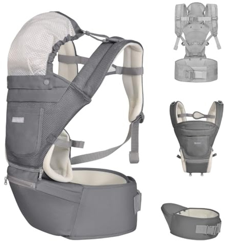 Kikkaboo Chloe 3-in-1 Baby Carrier Belly and Back Carrier, Hip Seat, from 5 Months, Colour: Grey/White