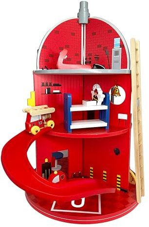 Teamson Kids Wooden Fire Station with 25-piece Figurines Set, Red