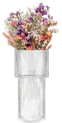 Vaso Rigato - Set di 3 vasi in vetro trasparente,Vasi trasparenti decorativi, vaso di fiori estetico, decorazione di nozze, vaso scanalato moderno per mantello, tavolo da pranzo, libreria, ingresso, t