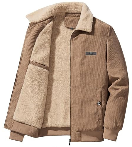 Chaqueta de pana con forro para hombre, chaqueta cálida de otoño, cómoda chaqueta de transición, chaqueta cargo sólida, abrigo de lana con cuello de piel de peluche para invierno, caqui, L