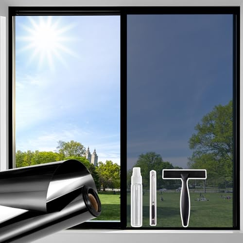 Beautysaid Window Film Privacy One Way Clear, Mirror Heat Reflective Window Security Tint Film Home, Anti Glare UV Sun Blocker Glass Door Covers, Static Cling See Out Not In (45x200cm, Black)