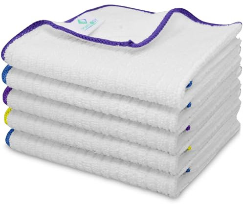 Towelogy Microfibre Dish Cloths Set of 5 – 30x30cm (Standard Size) Scratch-Free High Absorbency Perfect for Spotless Kitchen Cleaning & Dishwashing Stain Resistant Machine Washable (White)