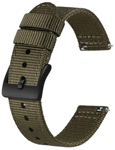 BISONSTRAP Nylon Armband für Herren, Zweiteilige Militär Uhrenarmband, Schnellverschluss, Gebürstete Schnalle, 20mm, Armeegrün (Schwarze Schnalle)