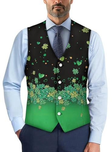 Biyejit Camo herrvästar formell kostym väst med knapp smal V-ringad klänning väst för affärer smoking fest S-4XL, St. Patrick's Day Green Leaves, XXL