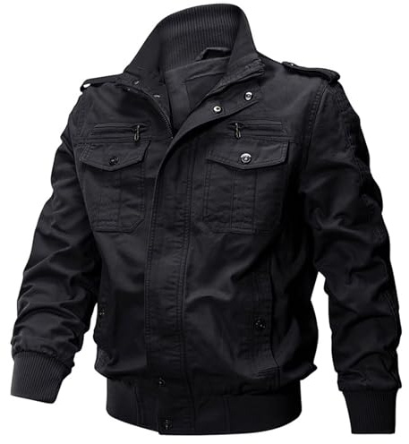 Jinsha Men's Smart Casual Cotton Classic Jacket Fall Hiking Climbing Zipper Military Transition Bomber Jackets for Men UK Multi Pockets Outdoor Windproof Coat Work Cargo Outerwear Black S