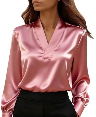 Camicia in Raso da Donna Elegante Camicia in Chiffon a Maniche Lunghe Maglietta in Raso Ampia Blusa Seta Ufficio con Scollo a V Sciolto Camicetta Business Classico Moda Top da Lavoro Button Down Slik