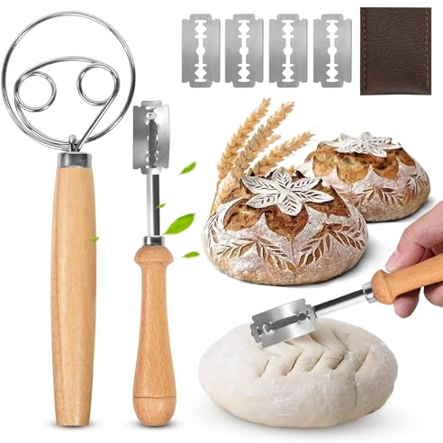 2 Pack Dough Whisk & Bread Lame Set – Beechwood Handle & Stainless Steel, Premium Sourdough Scoring Tool with 5 Replacement Scoring Edges, Breads Baking Accessories, Sourdough Tool for Kitchen