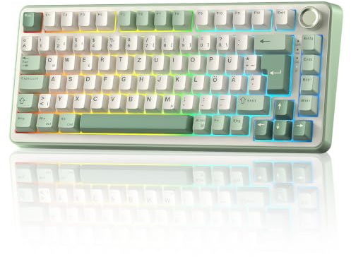 YUNZII B75 PRO ISO-DE mekaniskt speltangentbord, 75 % QWERTZ-layout (DE) med vridknapp, BT5.0/2,4 GHz/USB-C, försmörjda brytare, RGB för Win/Mac/PC (Matcha grön, mjölkswitch)