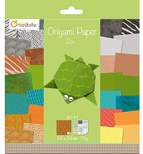 Avenue Mandarine 52504MD - Confezione da 60 fogli origami 20x20 cm 70g (30 motivi x 2 fogli) e un foglio di adesivi inclusi, Zoo