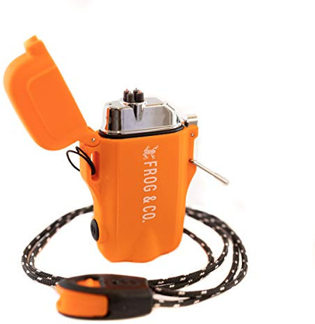 Survival Frog Tough Electric Lighter 2.0 - Waterproof & Windproof Lighters - Flameless Top-Facing Dual Arc Plasma, USB Rechargeable w/Built-in Flashlight, Camping, Survival Fire Starter (Orange)