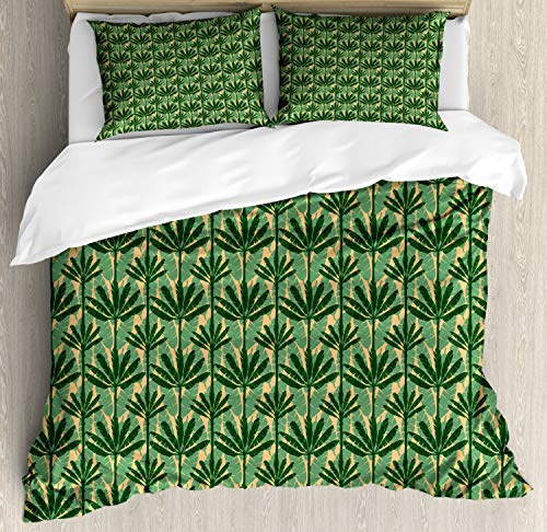 Ambesonne Banana Leaf Duvet Cover Set, Overlapping Windmill Palm Trees and Leaves Pattern, Decorative 3 Piece Bedding Set with 2 Pillow Shams, King Size, Pale Yellow Jade Green