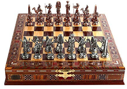 Juego de ajedrez de Cobre Antiguo Egipcio para Adultos, Piezas Hechas a Mano y Tablero de ajedrez de Madera Maciza Natural con diseño de Perla Alrededor de la Tabla y Almacenamiento Interior de