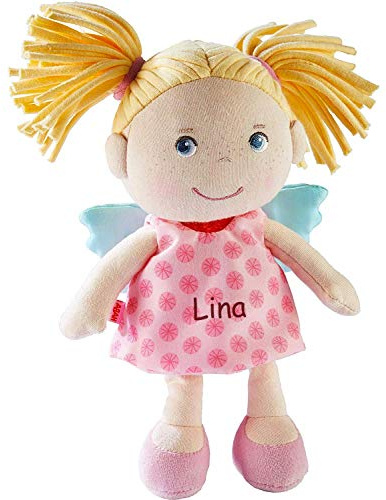 HABA Stoffpuppe Schutzengel Finja mit Namen Bestickt, Glücksbringer, weiche Erste Baby Puppe mit Flügeln, ab 1 Jahr Kuschelpuppe Taufgeschenk, Kuschelpuppe 304103
