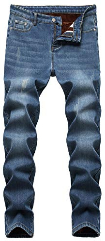 YOUTHUP Pantalones de mezclilla para hombre con forro polar, vaqueros de invierno, pantalones rectos casuales lavados, azul claro, 44