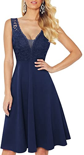 HOMEYEE Damen Vintage V-Ausschnitt Ärmel Blumen Spitze Rockabilly Swing Cocktailkleid A288 (M, Marineblau)