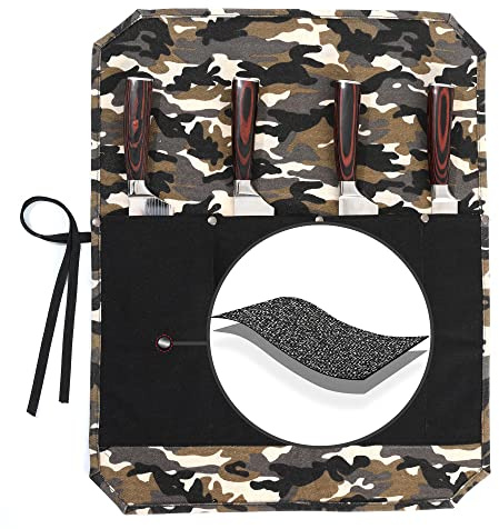 Kochmesser Aufbewahrungsrolle - Robuste 16oz gewachste Leinwand Messer Tasche mit 4 Fächern, Anti-Schnitt Stoff, Zwei-Farb-Camouflage & Schwarzes Design für Reisen, Outdoor-Kochen, kulinarische Profis