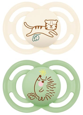 MAM Perfect - Juego de 2 tetinas para un desarrollo saludable de los dientes y la mandíbula, de materiales sostenibles y biorrenovables, con caja de chupete para bebés de 6 a 16 meses, diseño de tigre