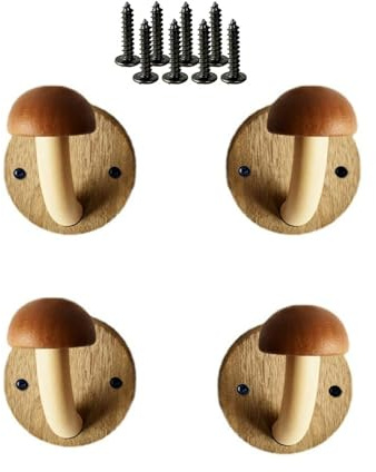 Auntzyj Fun Wooden Mushroom Coat Hook with Expansion Screws, Coloured Solid Wood Towel Hook Mushroom Wall Hook, Perforated Wall Hanger Hooks Set (Brown, Pack of 4)