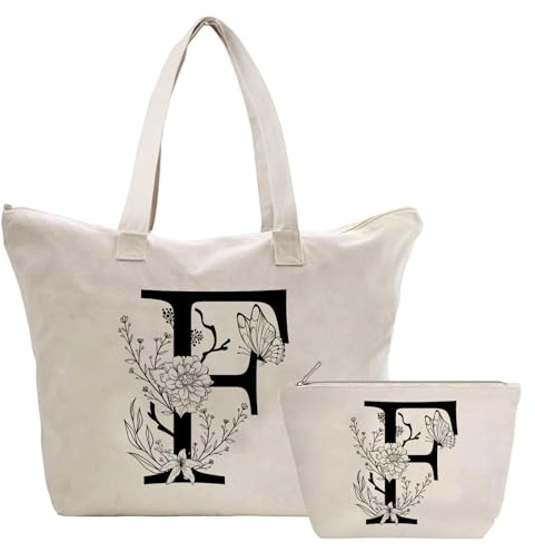 Toozen Sac Fourre-Tout en Toile avec Initiale Fleur, Personnalisés Sac Tote bag en Toile Coton Trousse de Maquillage, Idéal pour Mariage Anniversaire Noël, Cadeau pour Femmes Amis Maman Sœurs F