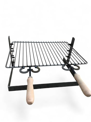 Griglia in ferro regolabile su più altezze, bistecchiera con manici in legno, per barbecue e camino per carne pesce verdure (40x36 cm)