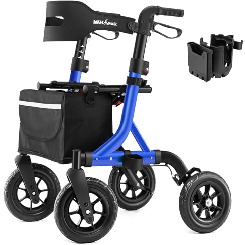 MAXWALK deambulateur 4 roues pliable leger，pneus caoutchouc non creux de 25 cm tout terrain, frein à câble intégré, porte-gobelet, déambulateur aluminium réglable en hauteur