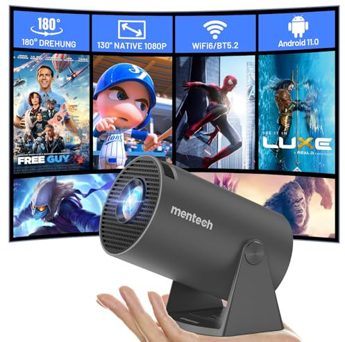 mentech Mini Beamer, 180° Drehbarer Mini Projektor mit WiFi und Bluetooth, 150 Smart-Projektor mit Android TV 11.0, 1080P, 2.4G/5G WiFi 6, Automatische Trapezkorrektur für Heimkino, Eisengrau