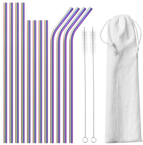 Gvolatee 12 Pcs Cannucce Riutilizzabili in 304 Acciaio Inox, Cannuccia Riutilizzabile (8 Dritte + 4 Curve), Cannucce in Metallo con 2 Spazzole di Pulizia, per Cocktail, Frappè, Frullato, Succhi
