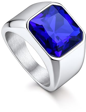 Bandmax Bague Homme Saphir de Synthèse Taille 72, Bague Acier Inoxydable Solitaire en Verre de 12mm