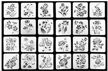 CZAKOMIX 24pezzi Stencil Per Pittura,Stencil Per Pittura Floreale Riutilizzabili,4 stili,13x13cm Plastica Disegno Pittura Modello,Per Scrapbooking,Decorazioni Casa,Disegno(Rosa,Tulipano,Mughetto,Loto)