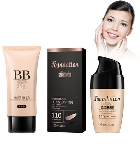 Fondotinta Liquido Idratante, Moisturizing Liquid Foundation a Lunga Durata, Texture Setosa – Include Una BB Cream Abbinata per Un Look Naturale (Avorio, 30ml)