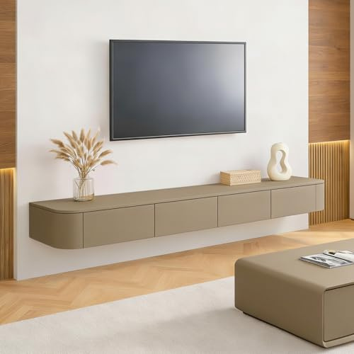 Ribanedy Mueble TV Suspendido Moderna | Consola de Medios de Entretenimiento Montada en la Pared | Banco de TV con Gran Capacidad de Almacenamiento para Sala de Estar y Oficina (Caqui, 180cm)