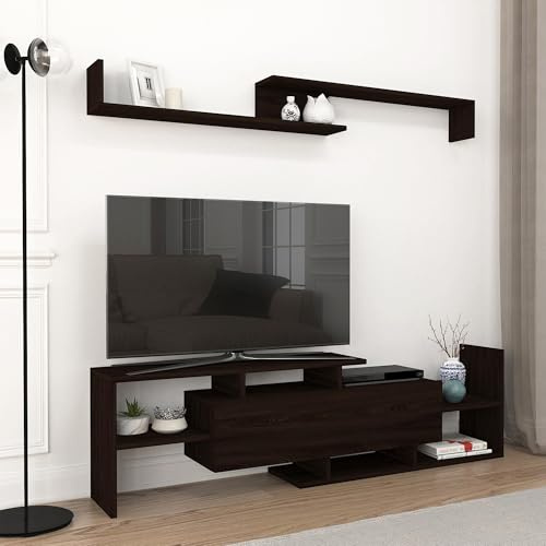 [en.casa] Set di Mobile Porta TV e Mensola da Parete Stand Multimediale con Scomparto Chiuso e Vani Aperti Pensile a 2 Ripiani per Soggiorno Camera da Letto - Nero