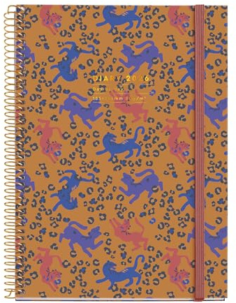 Miquelrius - Agenda 2026 día por página, Similar A5+ (155 x 213 mm), Planificación diaria, Cubierta rígida cartón, Espiral, Cierre goma elástica, Papel 80 g/m², Español-EN-PT, Leopard