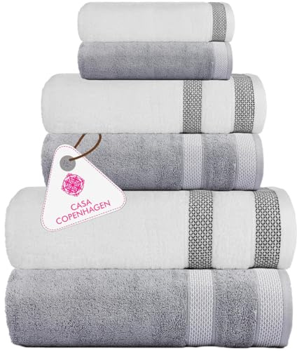 Casa Copenhagen Juego de 6 Toallas de baño 600 gsm, Blanco-Gris Violeta